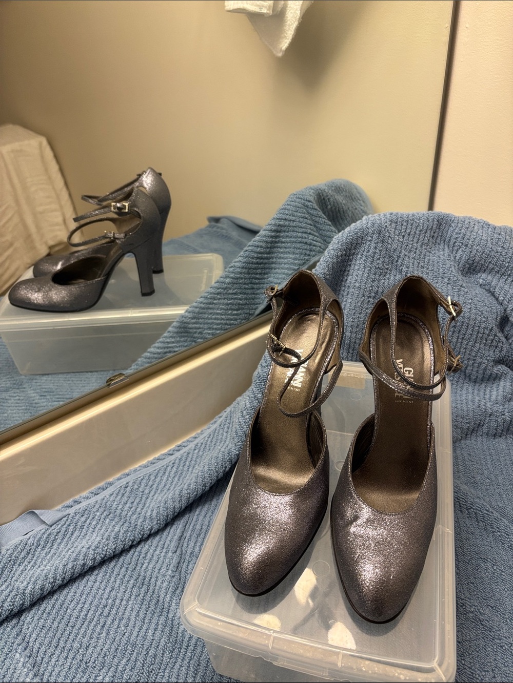 Versace Metallic Gunmetal Ankle-Strap Pumps